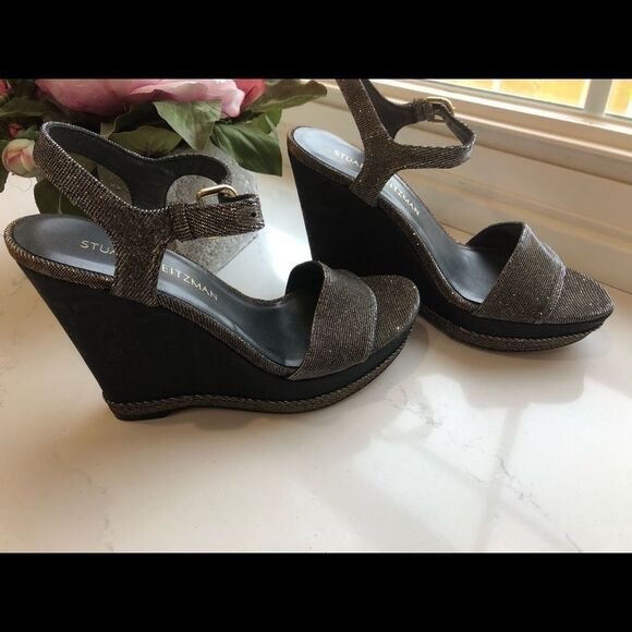 🆕 Stuart Weitzman Platform Sparkly Sandals Size 6 Leather Buttom